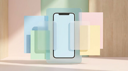 Smartphone mockup surrounded by pastel-colored geometric shapes, creating a modern and minimalist abstract design.