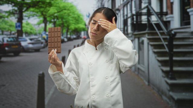 Woman chef holding chocolate bar, touching forehead with hand while wearing white coat on a street lined with townhouses; fatigue reflection.