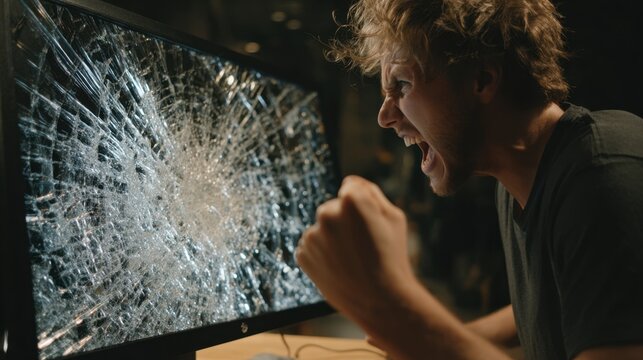 Young man expressing extreme frustration with a smashed computer screen and clenched fist
