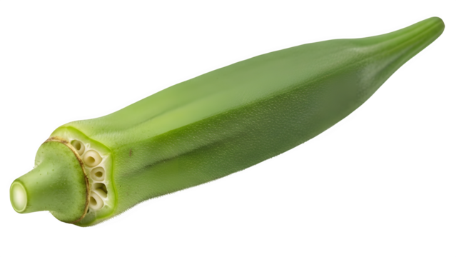 Fresh green okra pod, a healthy vegetable ingredient, isolated on transparent background