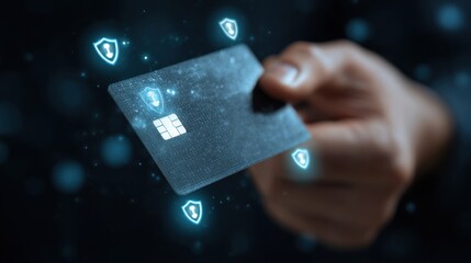 Hand holding credit card with glowing shield icons signifying security and protection