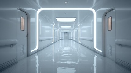 Gleaming white futuristic corridor with glowing blue lights and reflective floor