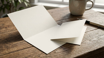 An open, blank greeting card rests on a wooden table next to a mug and pen, bathed in soft window light.
