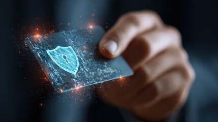 Hand holding a credit card with glowing digital shield and binary code