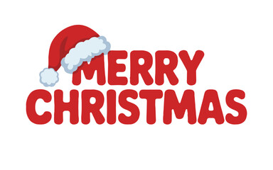 A festive merry christmas greeting with a santa hat on a white background and red lettering