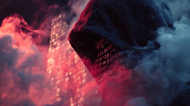 Anonymous figure in a hooded jacket surrounded by digital code and swirling smoke