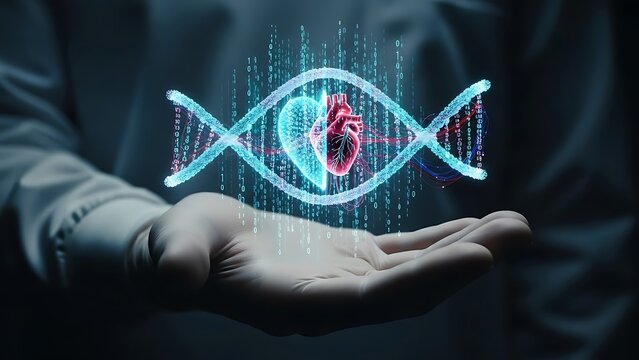 Doctor holding digital heart and dna structure in the palm of hand
