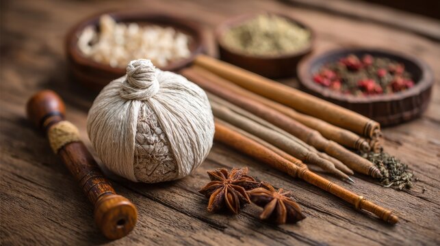 Aromatic spices and herbs in wooden bowls with a massage tool on a rustic surface