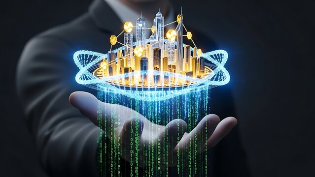 Businessman holds a futuristic city in his hand with digital data