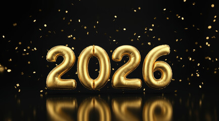 Happy New Year 2026 golden foil balloons and falling confetti on black background. Festive holiday celebration banner with reflection.