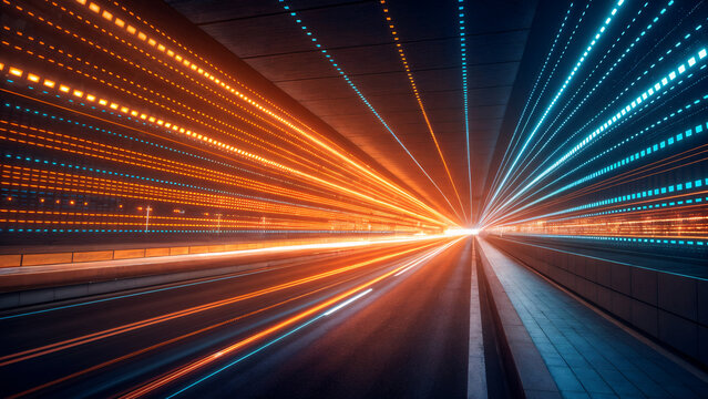 High-speed futuristic tunnel with glowing blue and orange light streaks representing fast data transfer, advanced networking systems, high-performance computing and rapid digital communication - Powered by Adobe