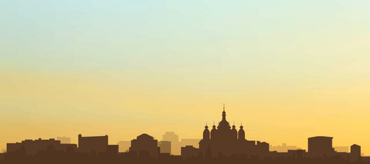 Panoramic poster of the city skyline with misty background buildings, hills sunrise, sunset and clouds of KYIV, UKRAINE
