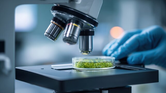 Close up of a laboratory scientist in blue gloves adjusting a microscope over a petri dish with green plant material