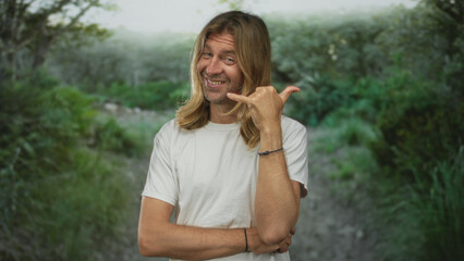 Fototapeta premium Blond man with long hair smiling makes call gesture on forest path among bright green foliage; playfulness.