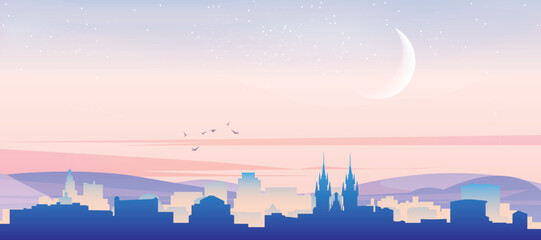 Naklejka premium Panoramic poster of the city skyline with misty background buildings, hills sunrise, sunset and clouds of PRAGUE, CZECH REPUBLIC