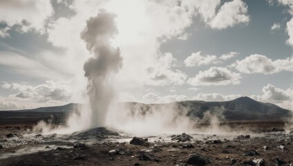 Fototapeta premium A geyser erupts dramatically, steam billowing into a bright sky over a barren, textured landscape