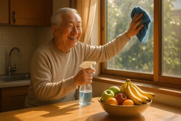Happy senior man cleaning a sunlit window with spray and cloth in the kitchen. Domestic hygiene, bright morning and positive mood.