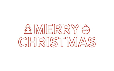 A merry christmas text with tree and ornament icons in red outline on white background design card