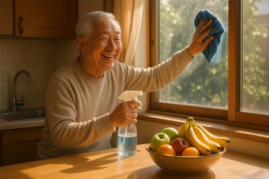 Happy senior man cleaning a sunlit window with spray and cloth in the kitchen. Domestic hygiene, bright morning and positive mood. - Powered by Adobe