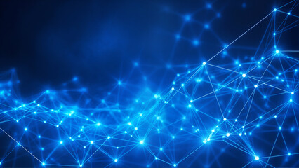 Glowing digital network mesh showing interconnected nodes symbolizing blockchain systems, data exchange, distributed computing, artificial intelligence communication 