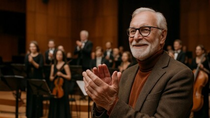 Smiling senior man applauds in a concert hall while the orchestra stands in the background. Cultural evening appreciation.