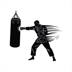Karate Punching Bag Illustration Black Silhouette Design, Martial Arts Training Graphic, Combat Sport Vector for Prints and Digital Use