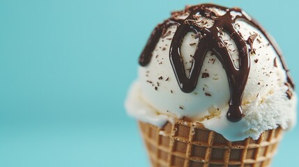 A close-up of an ice cream cone with melting chocolate drizzle