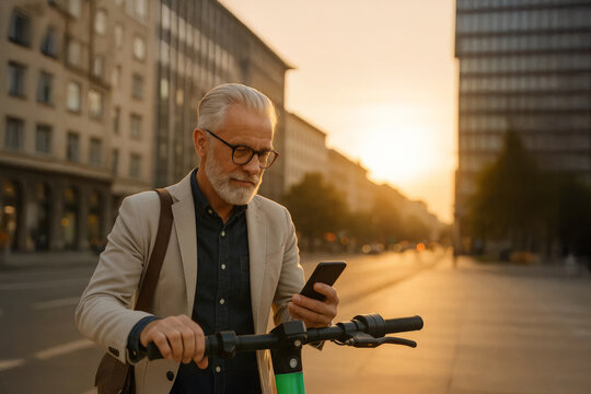 Stylish senior businessman using smartphone while standing with e-scooter at sunset in city
