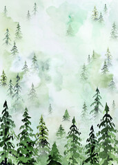 Hand drawn watercolor green spruce or pine tree misty forest, winter isolated illustration, copy space