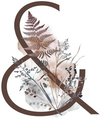Symbol Ampersand with watercolor autumn leaves and grass in earth tones, winter wedding illustration