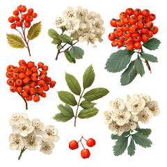 Collection of red berries and white flowers on black background