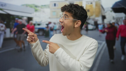 Man pointing fingers to the side on a busy urban street with mouth open; surprise excitement amazement joy.