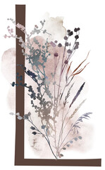 Capital letter L with watercolor autumn leaves and grass in earth tones, winter wedding illustration