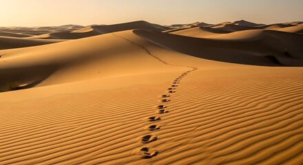 Follow the footprints across the majestic golden desert dunes, experience the serene beauty and endless possibilities, perfect for travel and adventure inspiration