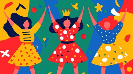 A colorful parade with dancers in vibrant costumes and marching bands playing music