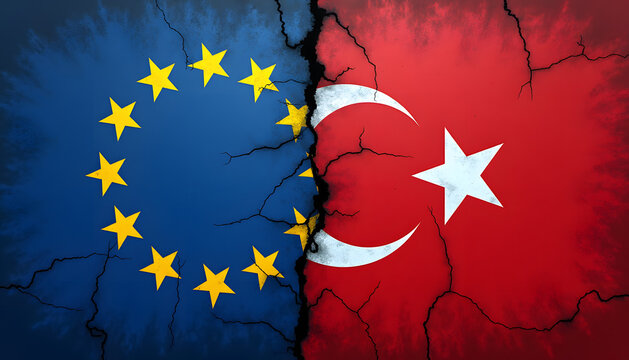 European Union and Turkey political relations concept with cracked flags