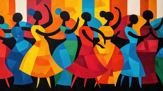 A colorful parade with dancers in vibrant costumes and marching bands playing music