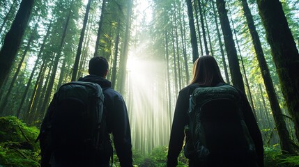 A couple hiking through a dense forest with rays of light filtering through the trees
