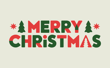 Merry christmas text with christmas trees and stars in red and green on a cream colored background
