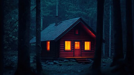 A cozy cabin in the woods with a warm light glowing from the windows
