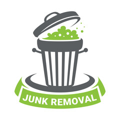 Creative junk removal logo design featuring a trash bin with waste and modern elements suitable for a business identity