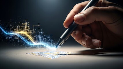 Hand drawing a digital line with a pen on a bright surface