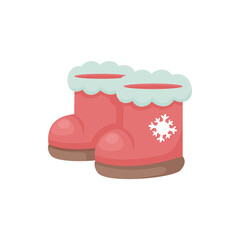 Hand-drawn pair of red winter boots with fluffy white trim and snowflake detail. Soft pastel palette. Perfect for cozy clipart, seasonal sets, children&rsquo;s illustrations, and festive design elements.