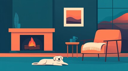 A cozy living room with a crackling fireplace, warm blankets, and a sleeping dog