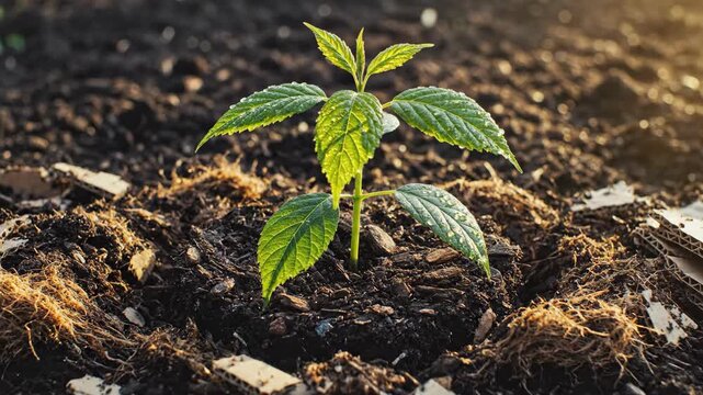 Biodegradable Cardboard Box Packaging Decomposing in Soil while Green Sapling Grows Time Lapse