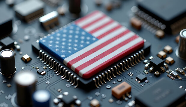 American flag design on a computer processor, representing technology and innovation