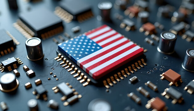 American flag integrated circuit on a computer motherboard, close-up view - Powered by Adobe