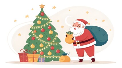 Santa claus delivering gifts near christmas tree with decorations and presents