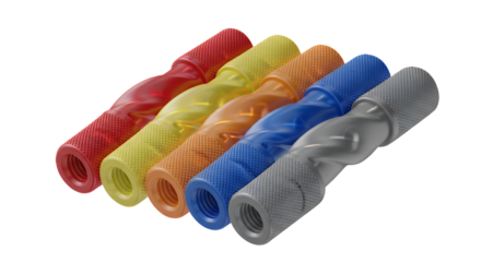 A collection of five colorful plastic electrical twist-on wire connectors, neatly arranged in a diagonal row, isolated on transparent background