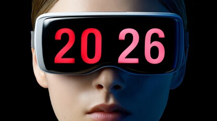 Futuristic woman wearing advanced virtual reality headset with glowing display showing numbers 2026, representing technology, innovation, and immersive experiences in digital environments